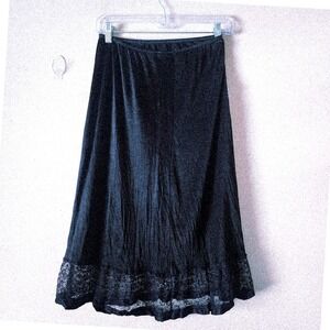 Black Slinky Satin Midi Slip Skirt Lace Trim S/M Vamp Indie Cocktail Capsule